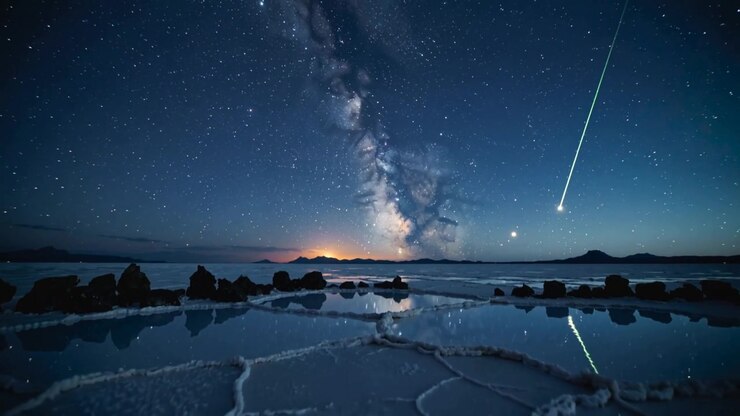 Filming camera capturing Milky Way and salt-flat mirroring meteor streaking, recording sky at night