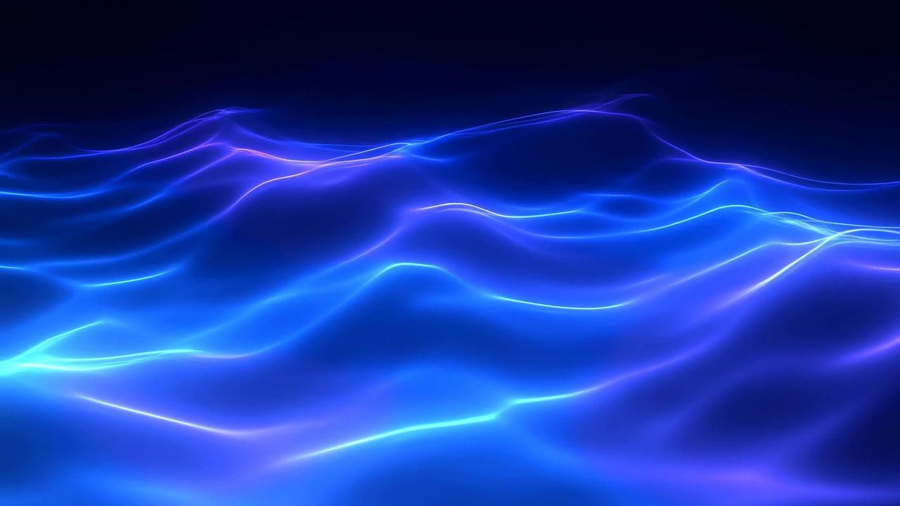Undulating bands of blue, cyan, and violet light move across layered wave-like forms, creating changing curves, bright edges, and soft luminous gradients against a deep dark background.