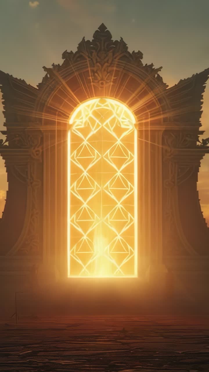 Vertical video: Aligning light patterns sliding panels apart at temple dusk, flooding pillars