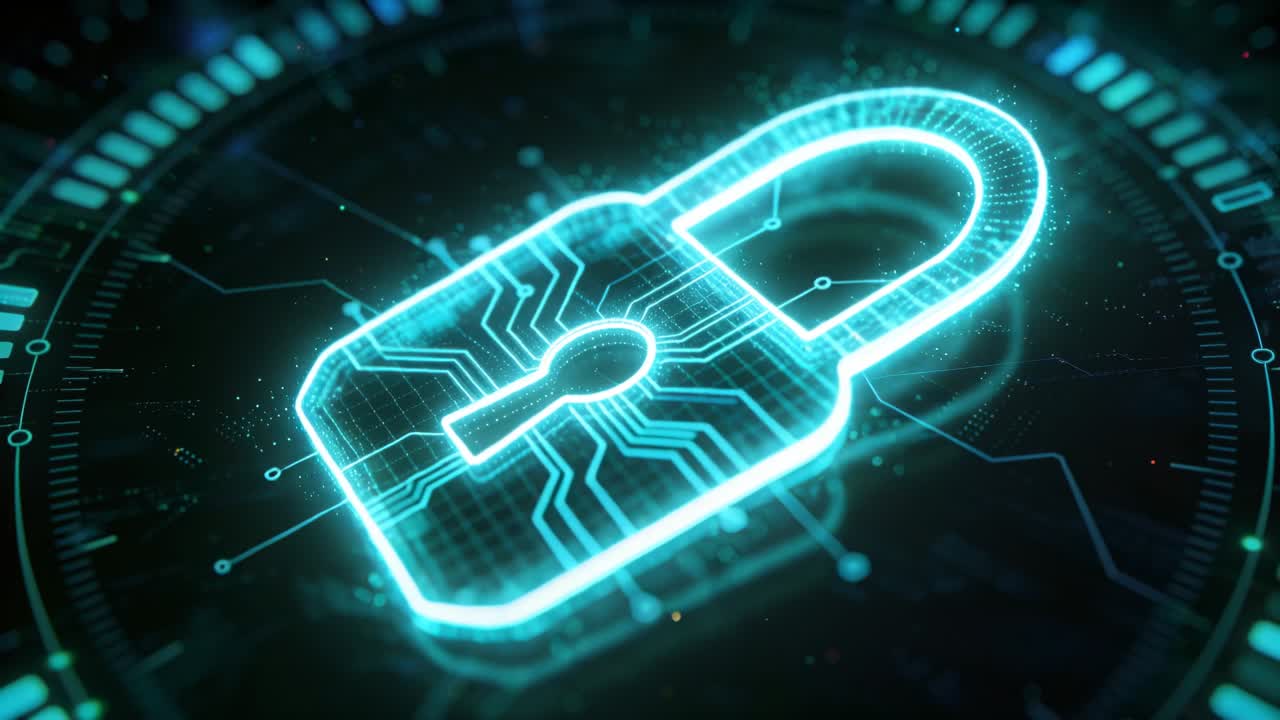 Holographic padlock rotating, pulsing over grid, dolly initiating connection lines showing security