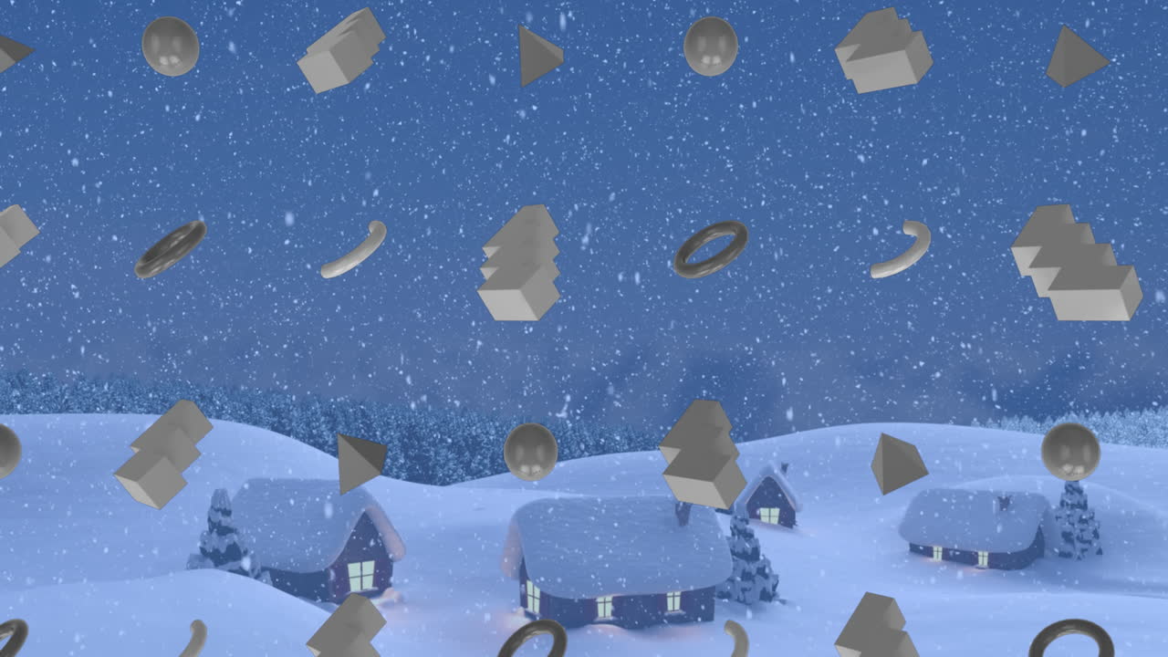 이 없는 패턴으로 회색 추상적인 모양의 애니메이션과 겨울 풍경에 눈이 떨어지는