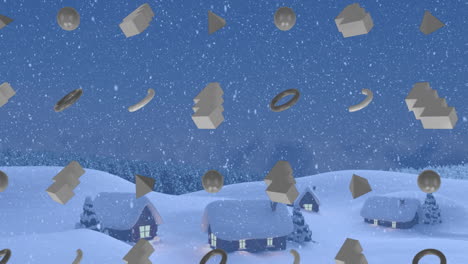 animation of grey abstract shapes in seamless pattern and snow falling over winter landscape