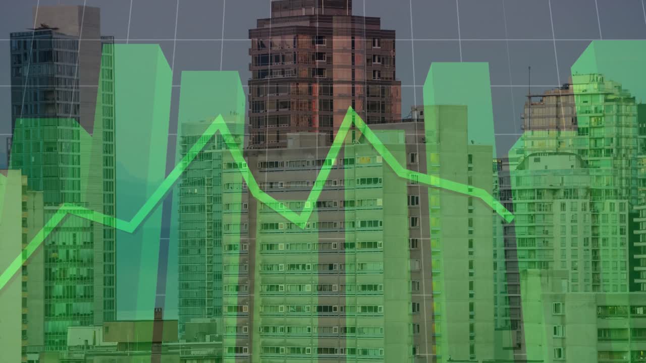 animación de datos financieros y gráficos sobre el paisaje urbano