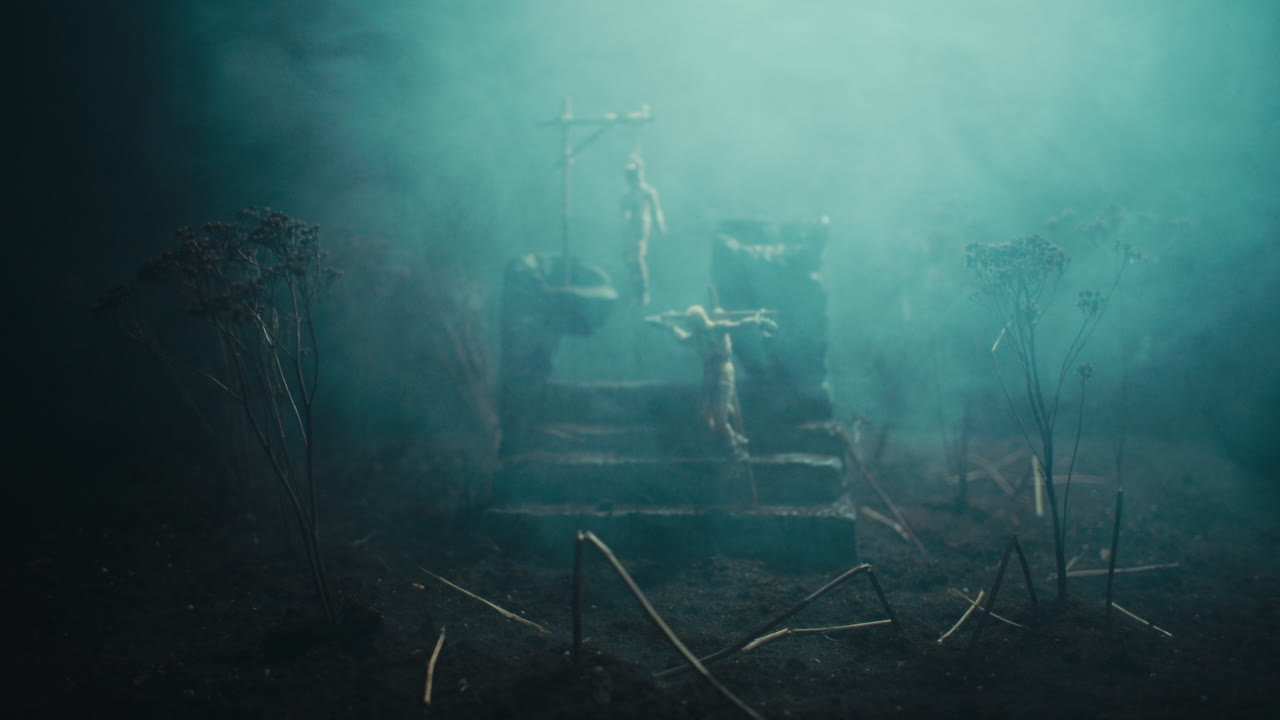 A miniature scene of the mummified dolls hanging on the gallows at night