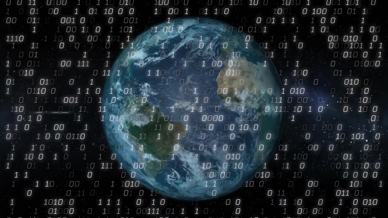 Planet Earth rotating while binary appearing and cascading, obscuring globe and showing data flow