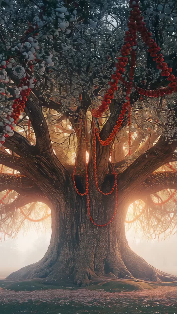 Vertical video: Filtering dawn light illuminating tree in clearing, with red garlands glistening