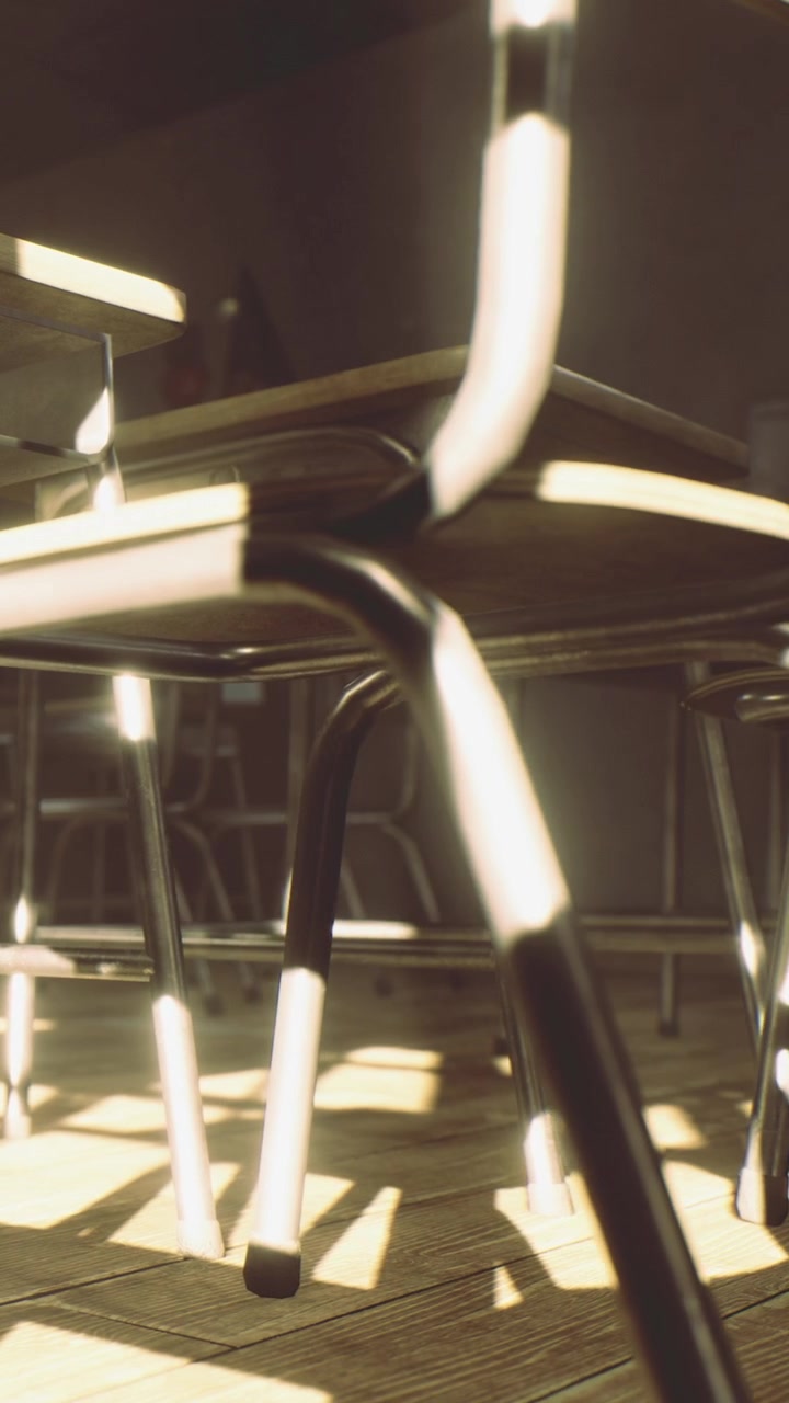 La luce del sole che filtra attraverso sedie vuote di un'aula in un pomeriggio tranquillo.