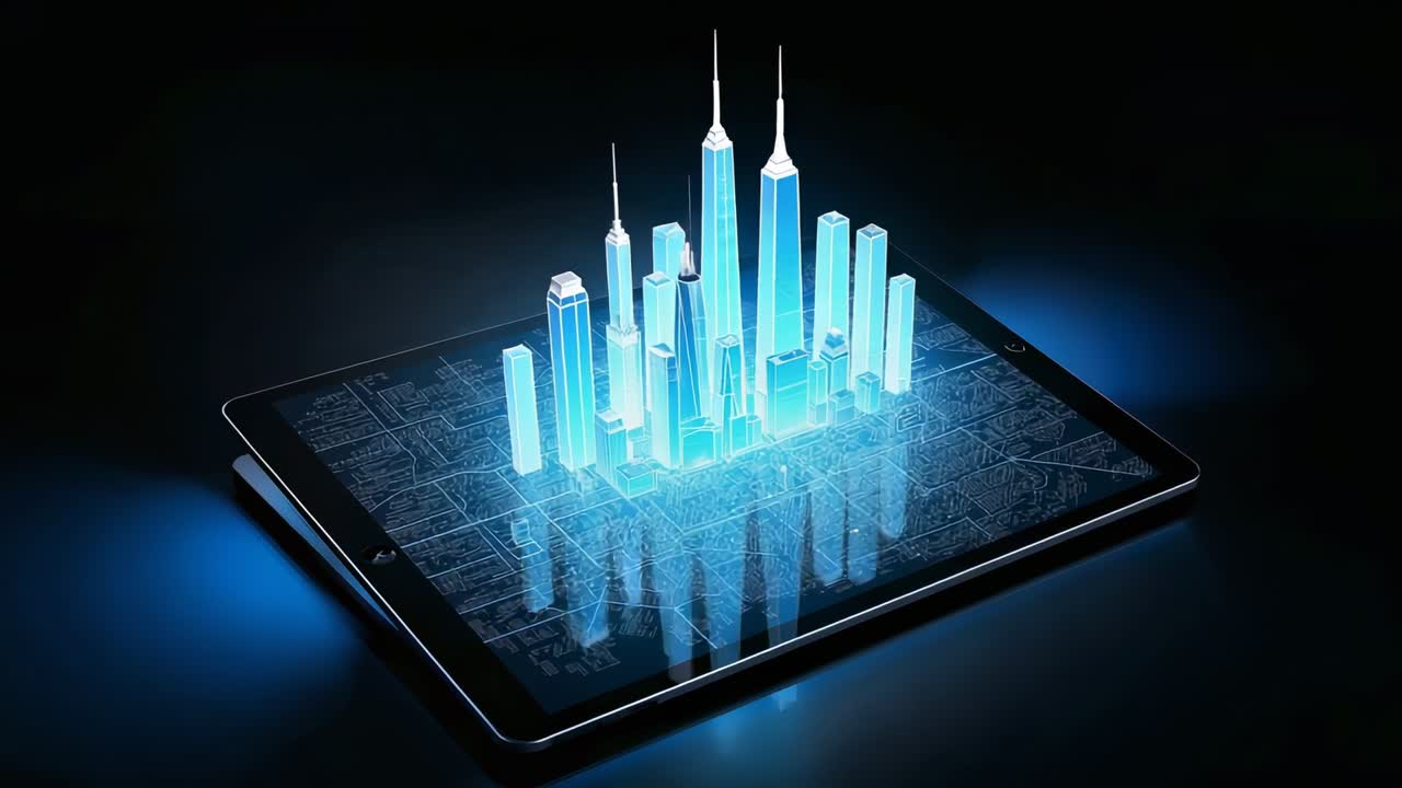 Activating tablet projecting holographic city rising on touchscreen in dark studio, twin spires