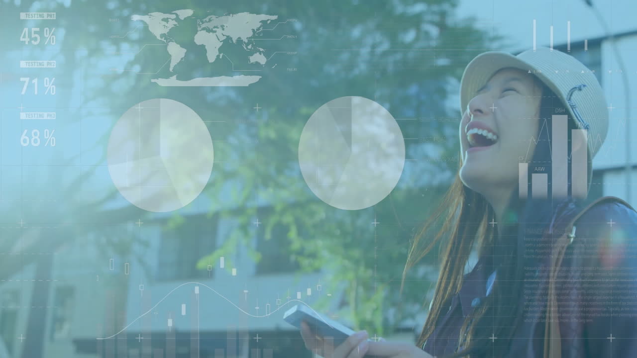 스마트폰을 사용하는 아시아 여성에 대한 금융 데이터 처리 애니메이션