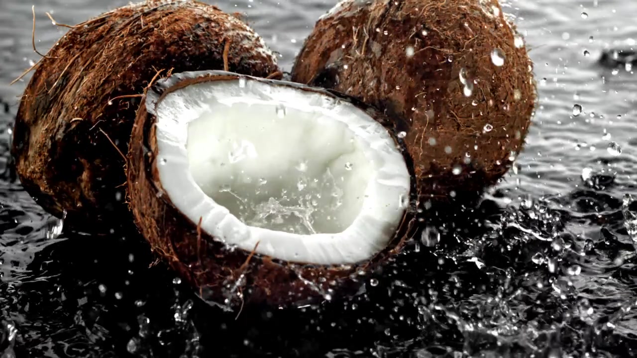 Fresh Coconuts and Halved Coconut with Splashing Water