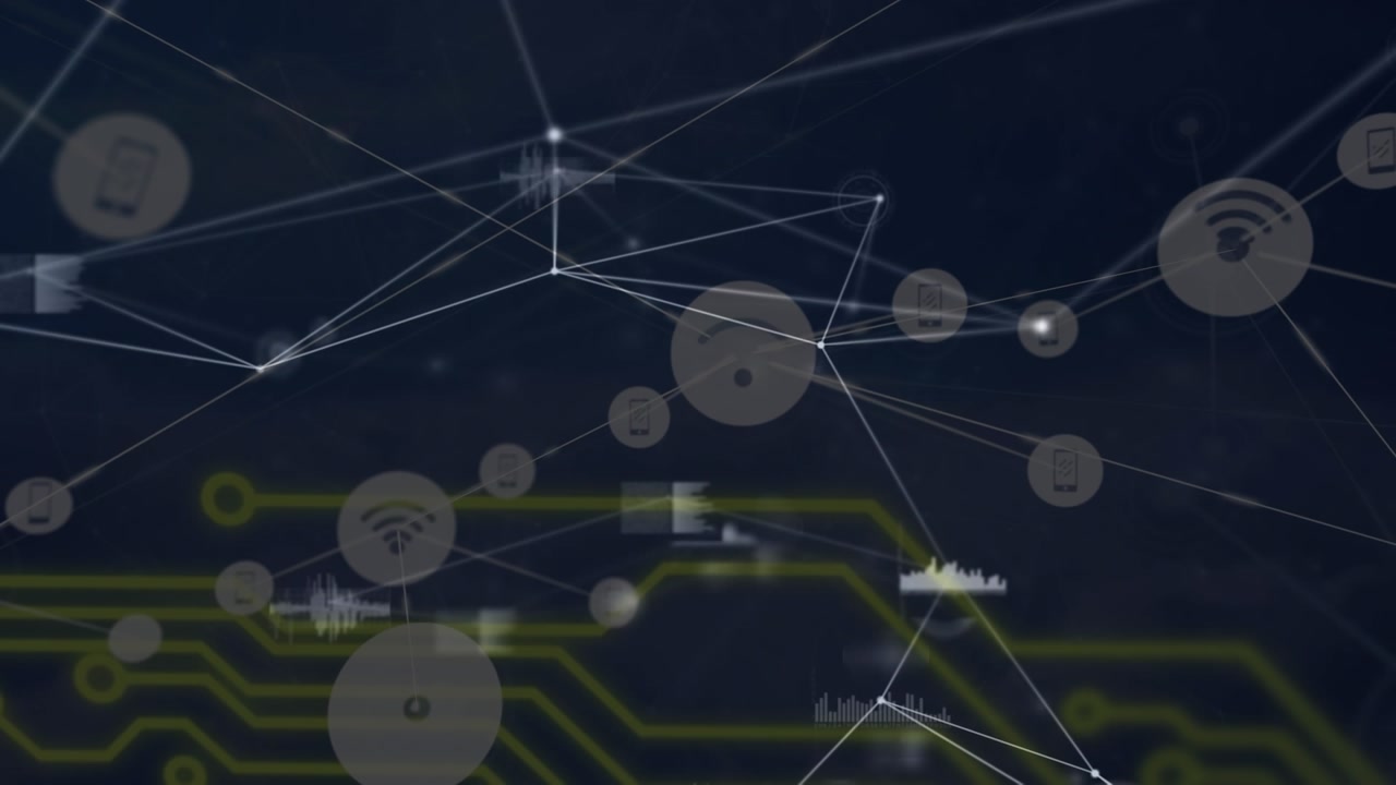 Animation of network of connections with data processing over computer circuit board