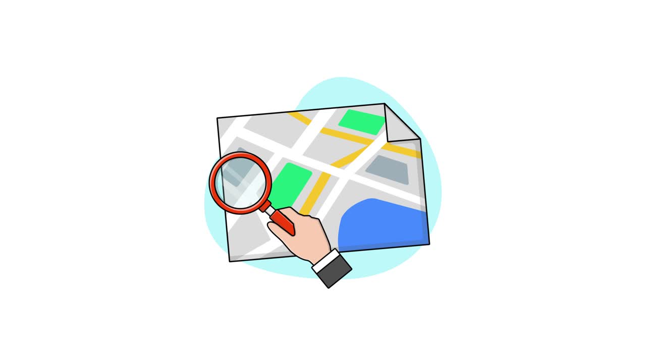 Animated Hand Searching a Map with a Magnifying Glass