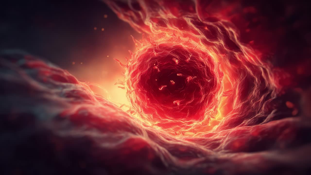 Emissione dinamica di energia: una vista accattivante su una vibrante membrana cellulare che pulsa al suo nucleo, irradiando vita e movimento attraverso un ambiente infuocato.