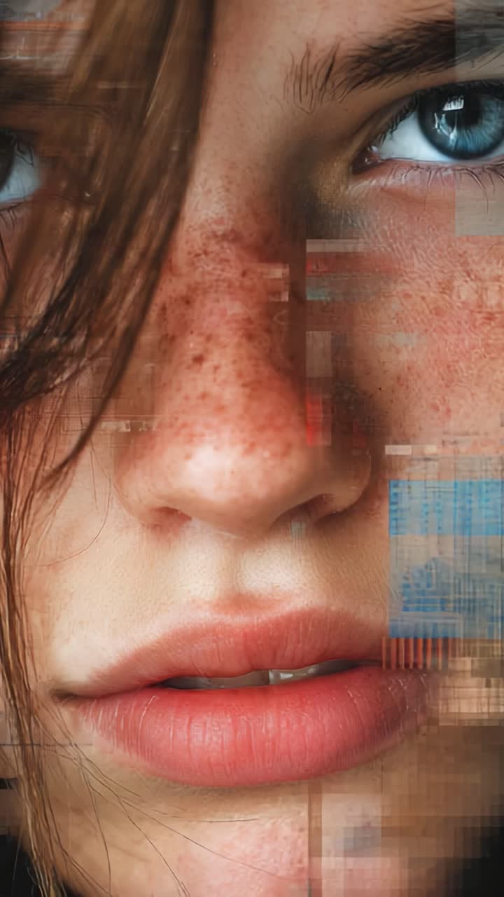A Close-Up Exploration of a Young Person's Face with Freckles and Intense Blue Eyes, Merging Nature with Digital Elements in Surreal and Artistic Imagery