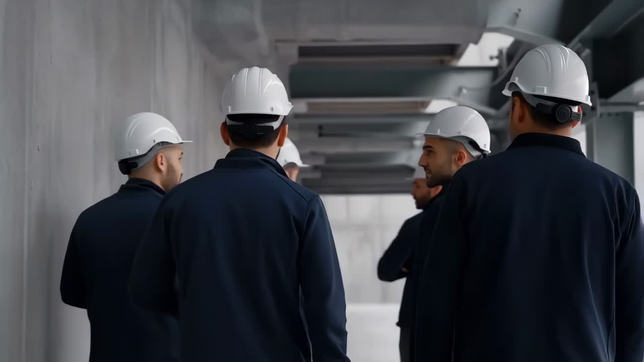 Group of Workers in Hard Hats Walking Through an Industrial Facility
