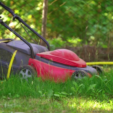 garden equipment. worker cutting grass with electric lawn mower. lawn mower on green grass at working process.