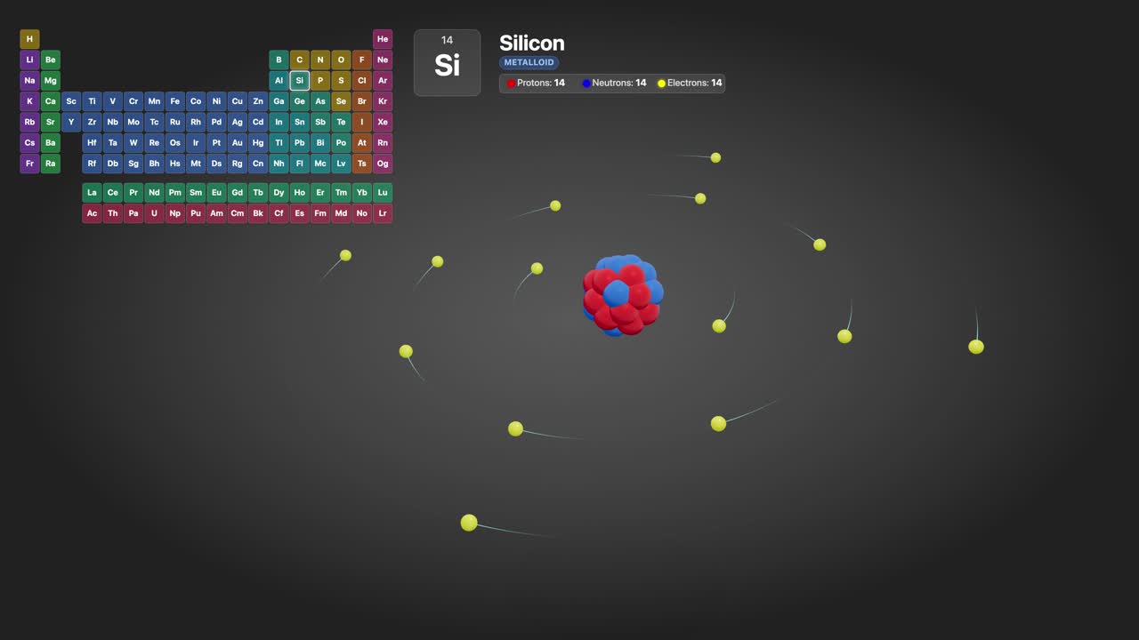 Scientific 3D animation of a silicon atom with electrons orbiting a nucleus against dark background