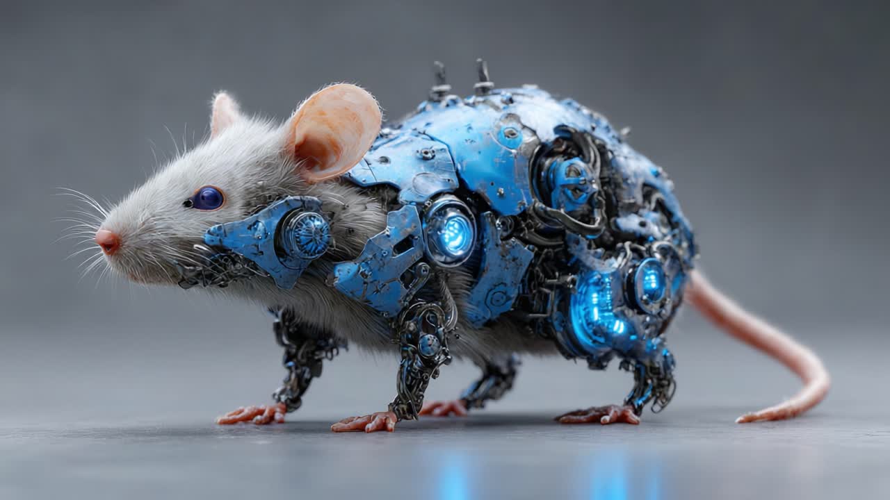A Futuristic Robotic Mouse: Blending Nature and Technology into a Stunning Synthesized Creature with Sleek Blue Armor and Intricate Mechanical Details