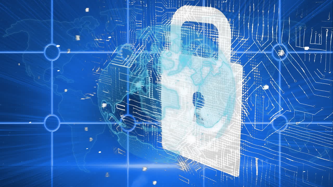 Animation of turning globe with glowing motherboard, padlock and data on blue