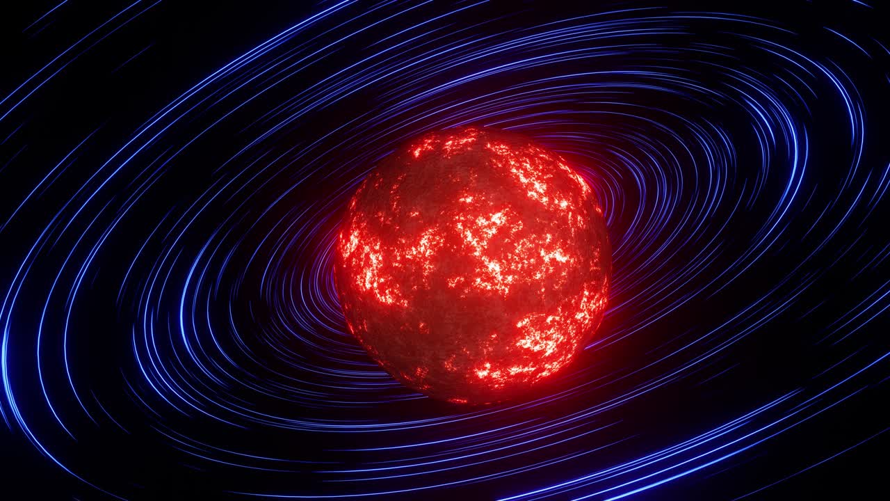 불타는 행성의 비행은 용암에서 원형 푸른 심연으로 끊임없이 vj 루프 비디오로 돌아갑니다.