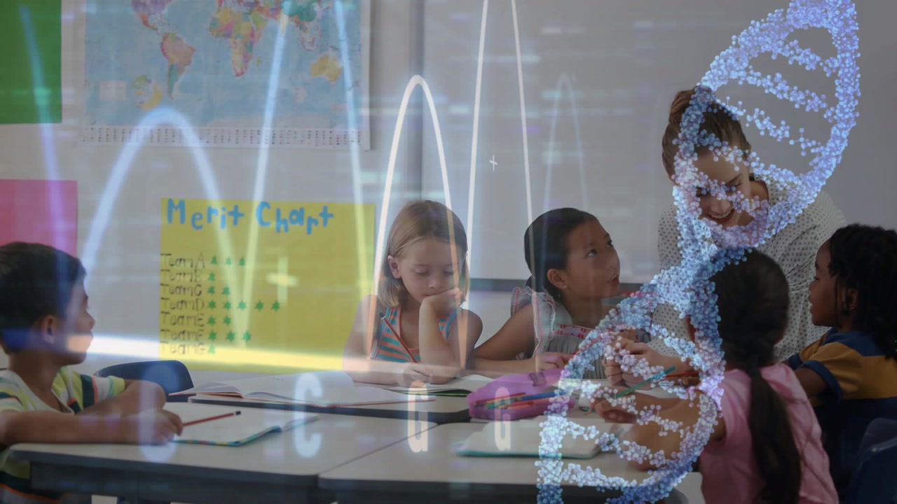 Teacher pointing at worksheet showing animated highlight, students writing to complete classwork