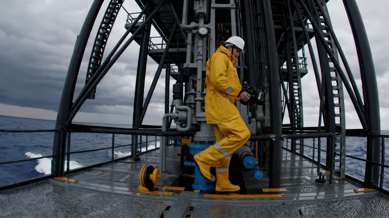 Arbejder på offshore olieplatform udfører vedligeholdelse