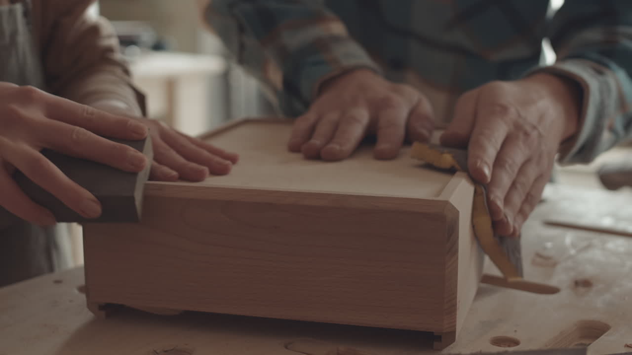 Two Joiners Polishing Wooden Box Lying on Workbench