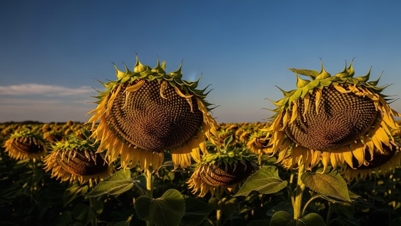 A Stunning Display of Sunflowers Under a Clear Blue Sky, Showcasing Their Unique Shapes and Vibrant Colors in a Serene Field of Blooms