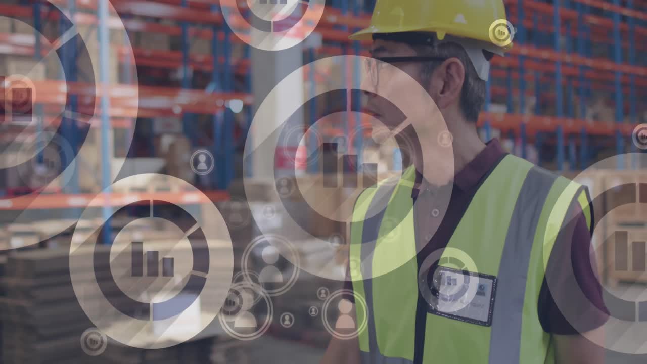 Animation of statistics and data processing over biracial man working in warehouse