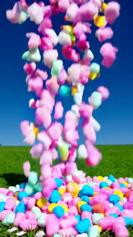 colorful marshmallows falling on grass