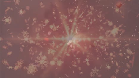 Animation-of-snow-falling-over-fireworks-and-lights