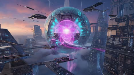 Futuristic Cityscape with Orbital Station