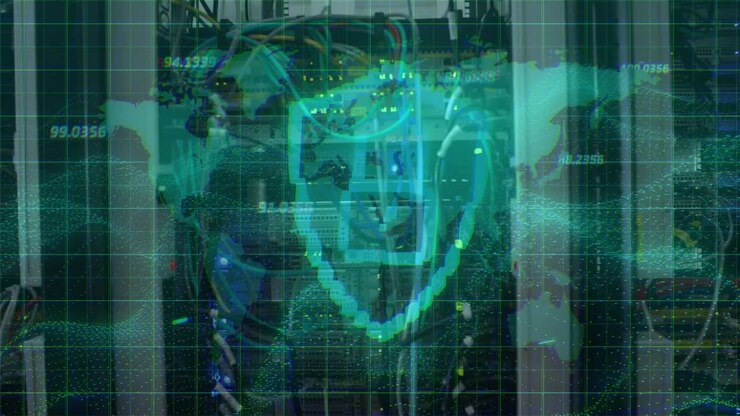 Numbers floating over security padlock and shield icon against close up of a computer server