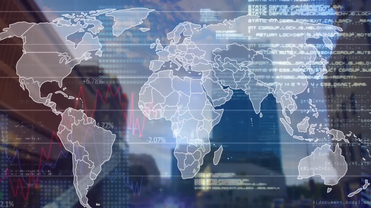 도시 풍경 위의 세계 지도와 금융 데이터의 애니메이션