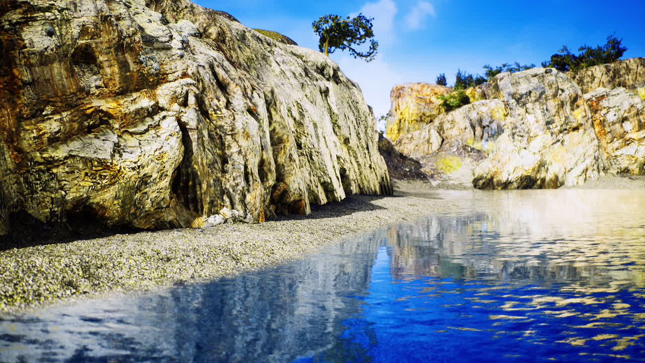Scenic view of rocky shoreline and clear water under bright blue sky