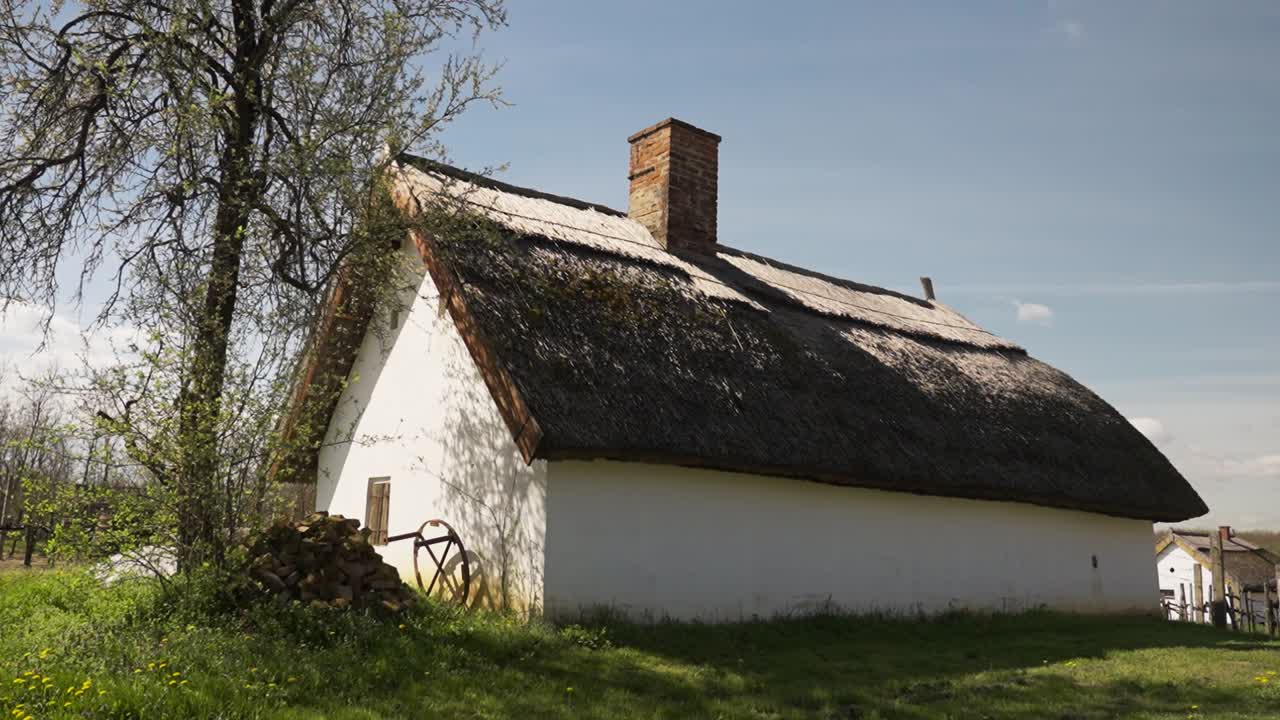 Whitewashed house with thatched roof, chimney and woodpile in spring