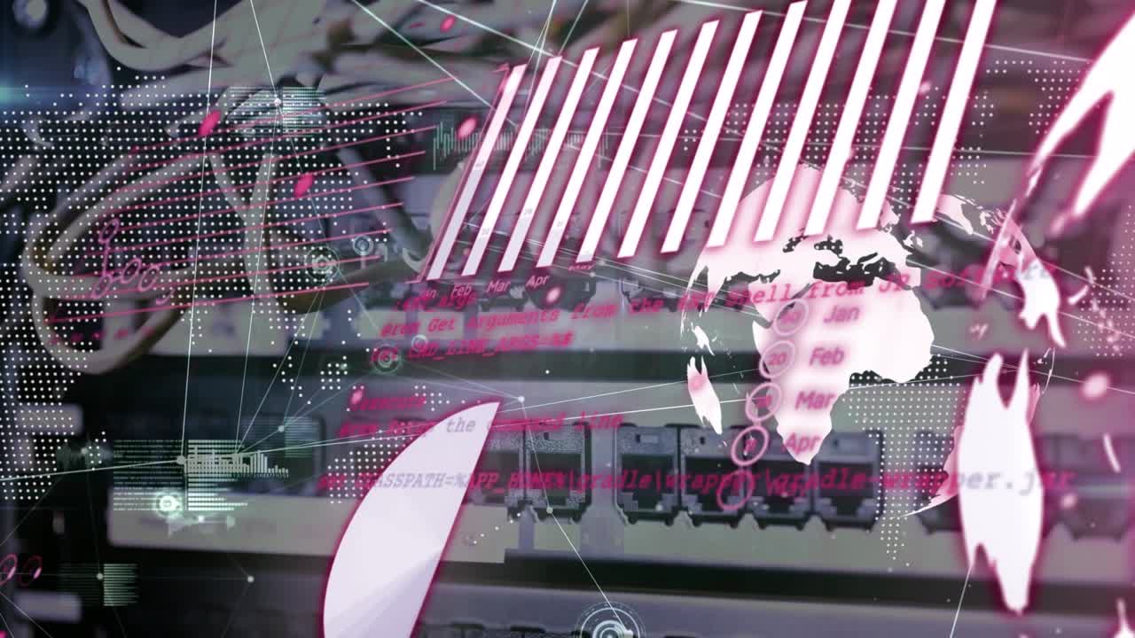 Animation of data processing and globe over server room