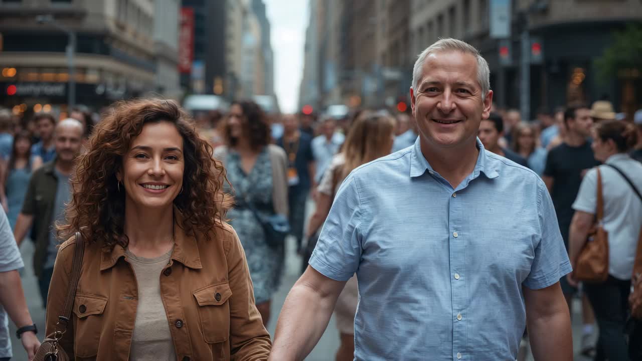 Walking couple hand-in-hand bonding while camera moving in through city crowd, shoulder bag visible