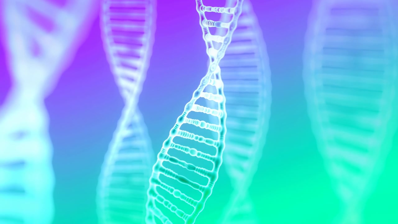Neon DNA Helix On Gradient Background, Glowing Turquoise And Purple Strands Float In Soft Focus, Slow Drifting