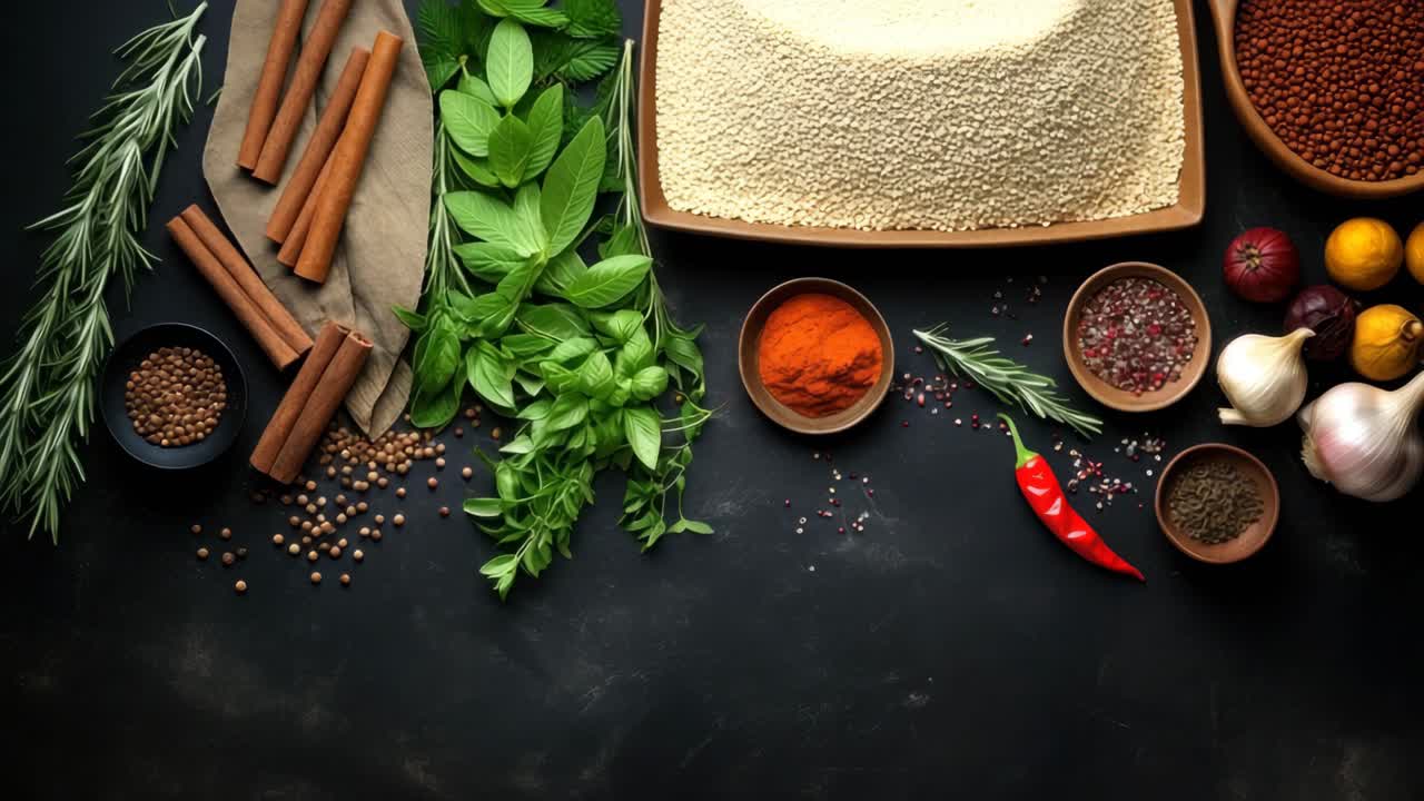 Top-down view of a rustic kitchen setup with herbs and spices on a dark surface, ideal for a cooking