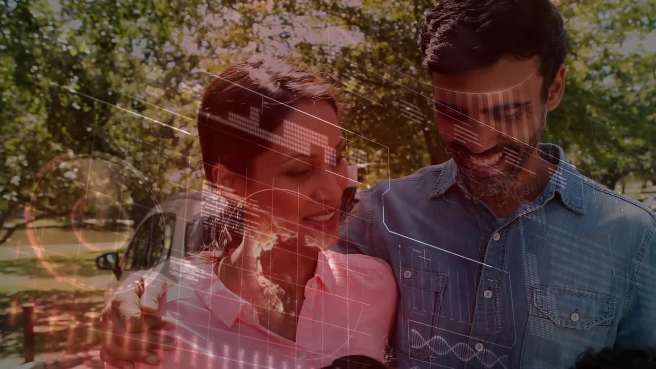 Smiling children looking up, parents in button-ups leaning in sharing in park, HUD fading to SUV