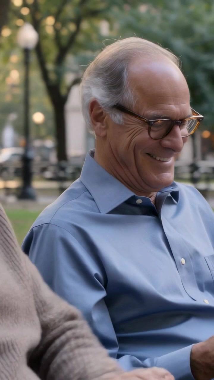Video vertical: Leyendo el periódico mientras un amigo comparte en un banco, hombre con gafas y camisa azul riendo, espacio para texto.