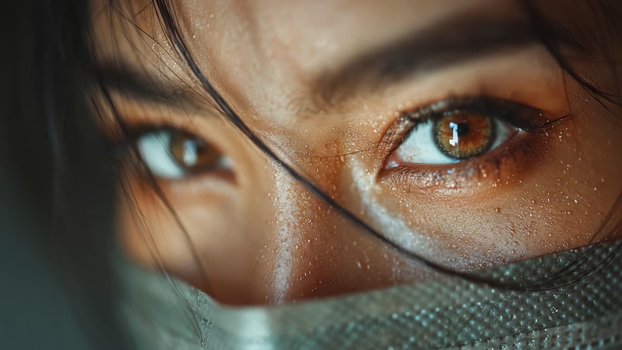 A close-up on the captivating gaze of a woman with mesmerizing eyes, adorned by intricate water droplets and partially covered by a textured mask, evoking intrigue and mystery