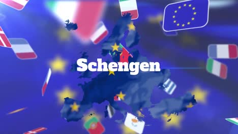 schengen text over eu map against flags of european countries