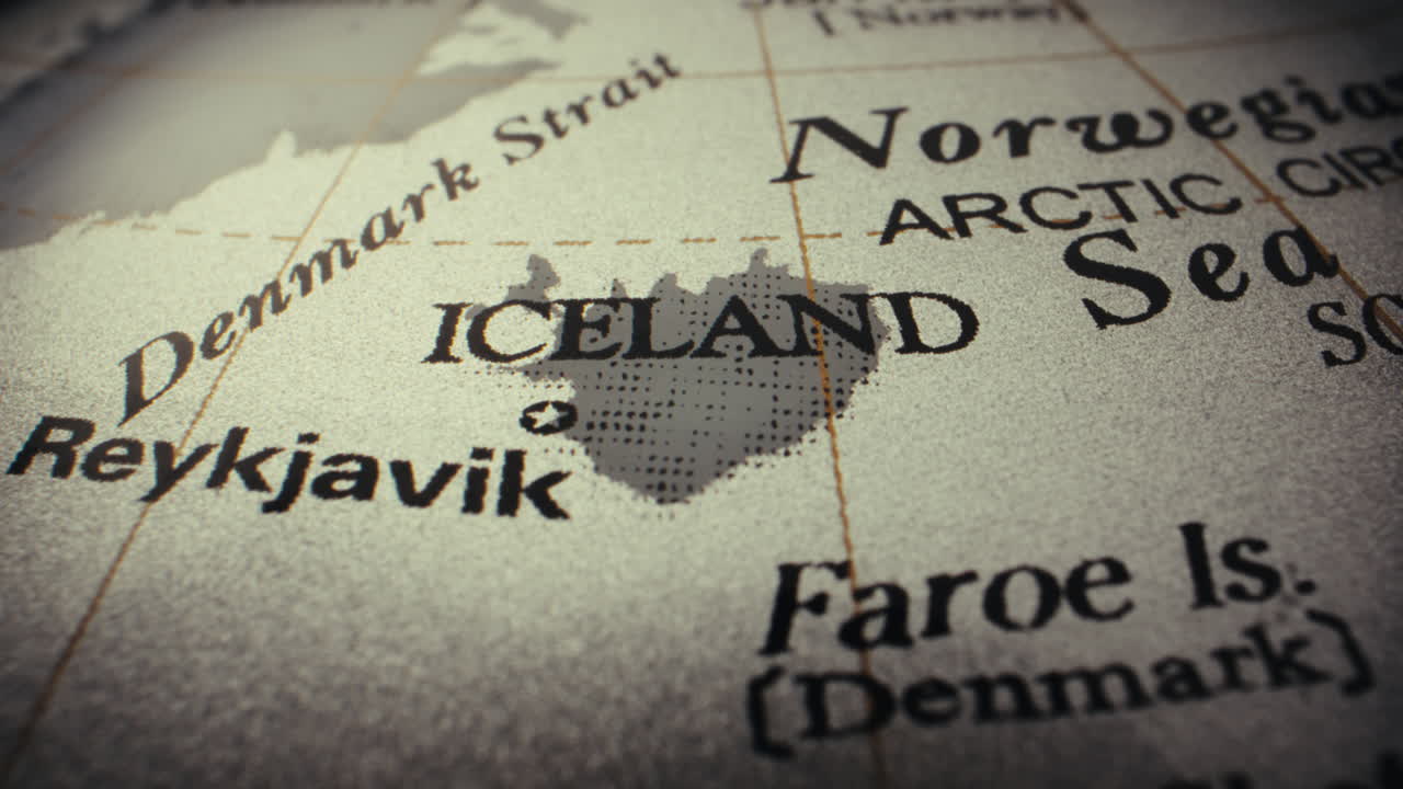 Close-up of a world map highlighting Iceland