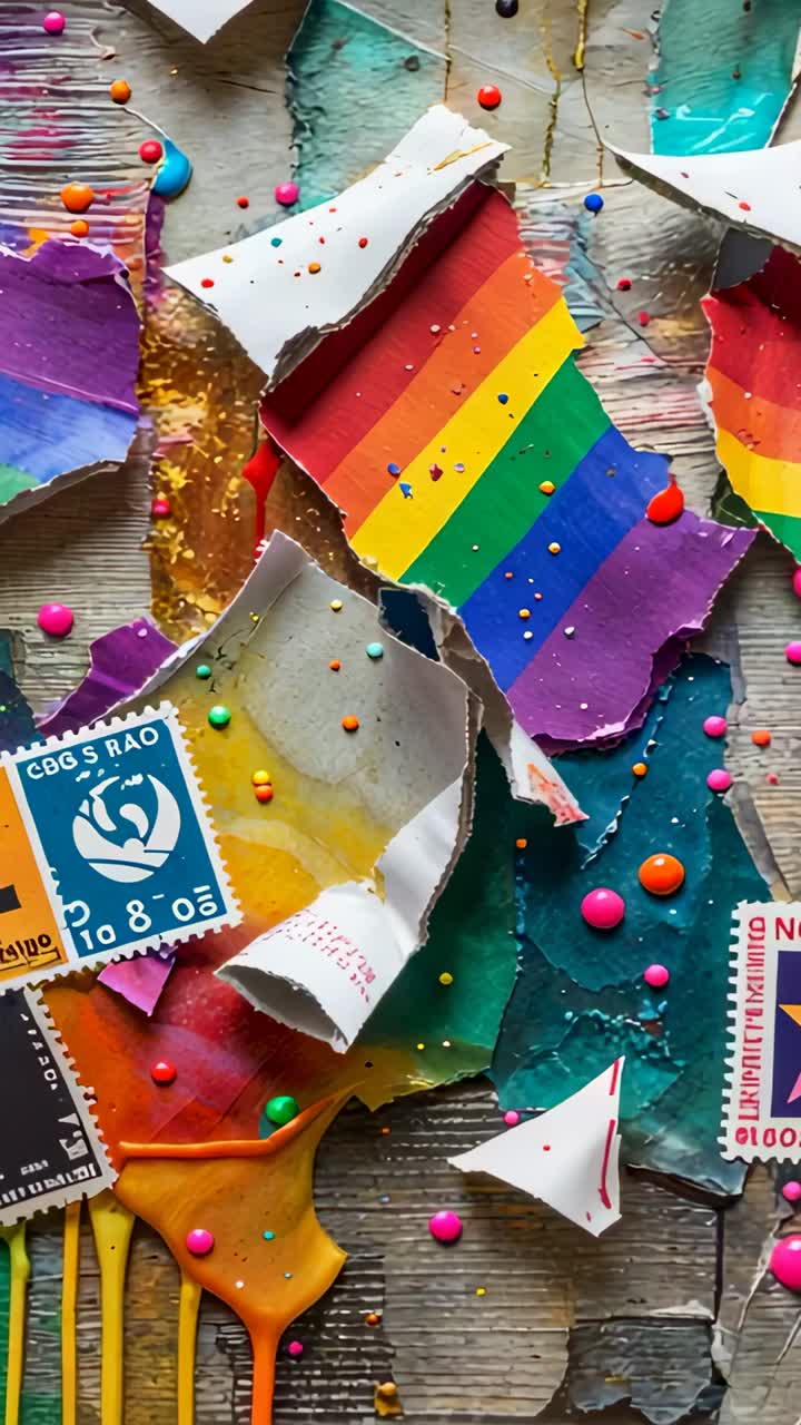 Vertical video: Starting pan showing collage on wood table, with rainbow strips, beads and stamps