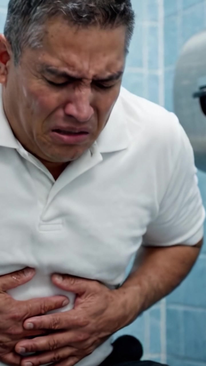 A distressed man in a bathroom clutches his stomach in pain, expressing discomfort and anguish while enduring a troubling physical condition.