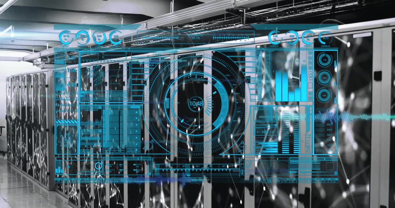 Animation of data processing and network of connections over server room