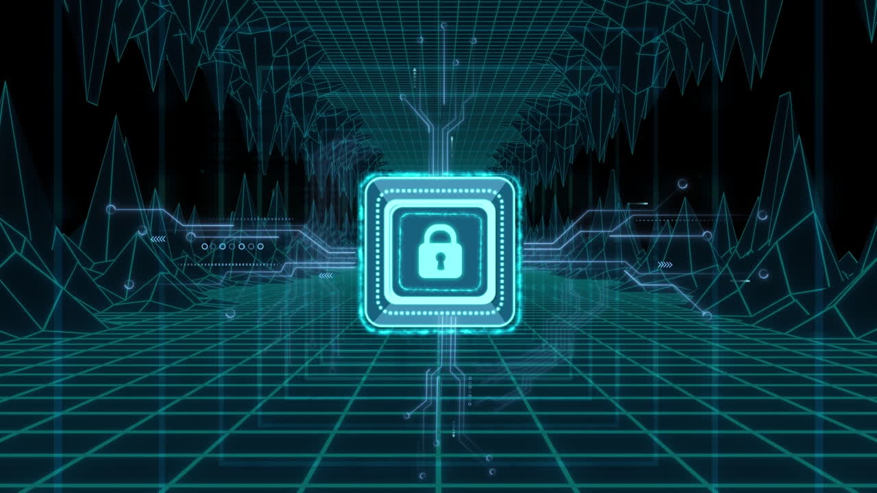 Animation of online security padlock over metaverse and computer circuit board