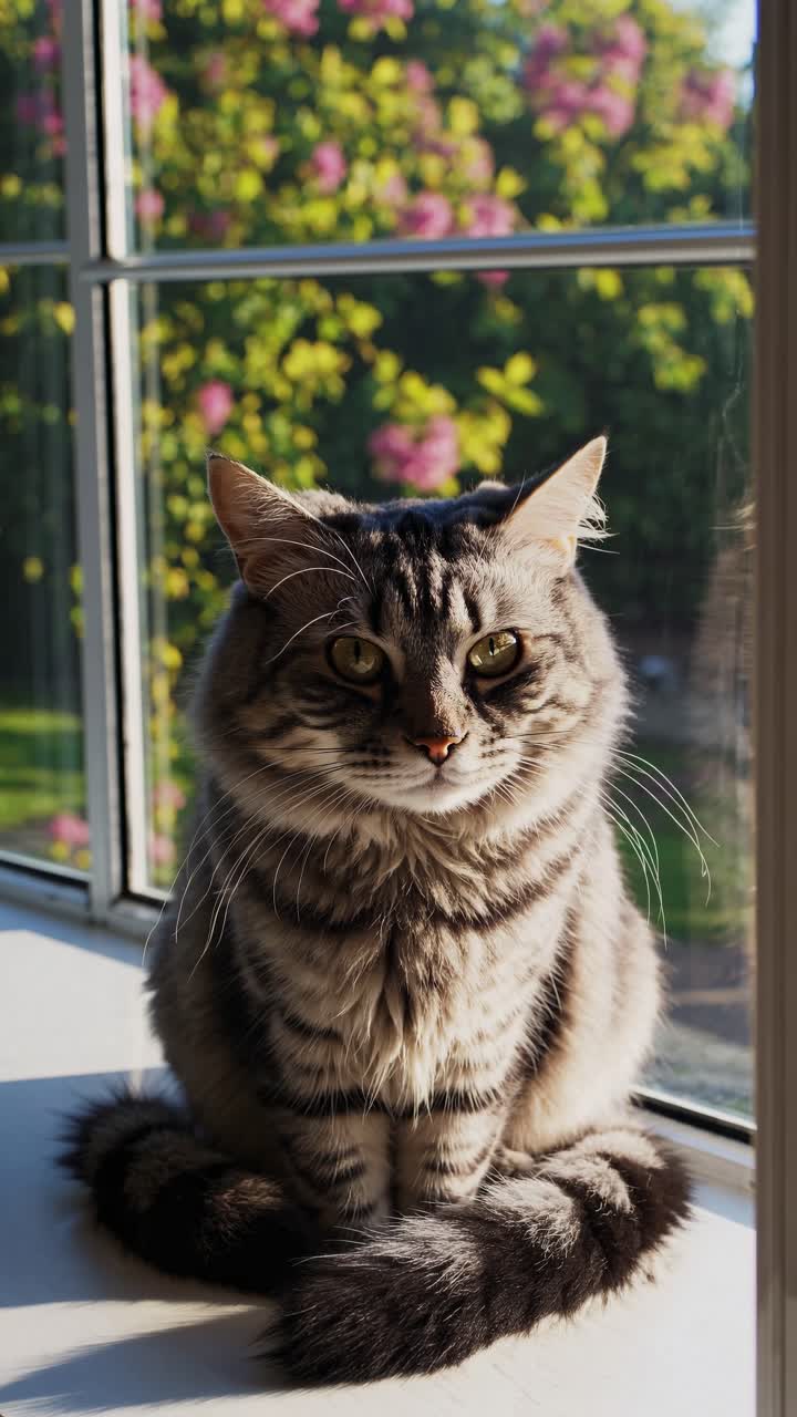 A close-up, eye-level shot of a tabby cat sitting on a windowsill, with vibrant greenery and flowers